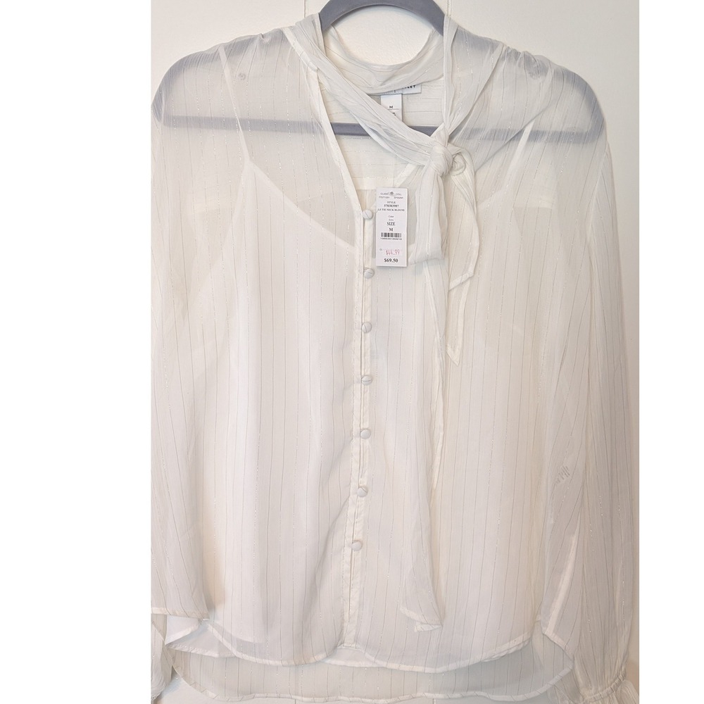 WHBM Tie Neck Blouse NWT White Metallic Pinstripe Ruffle M Office Romantic Fairy - Picture 4 of 12